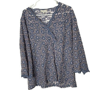 Suzanne Betro top, beach cover, 2X see thru lace top,floral,bell,scalloped hem